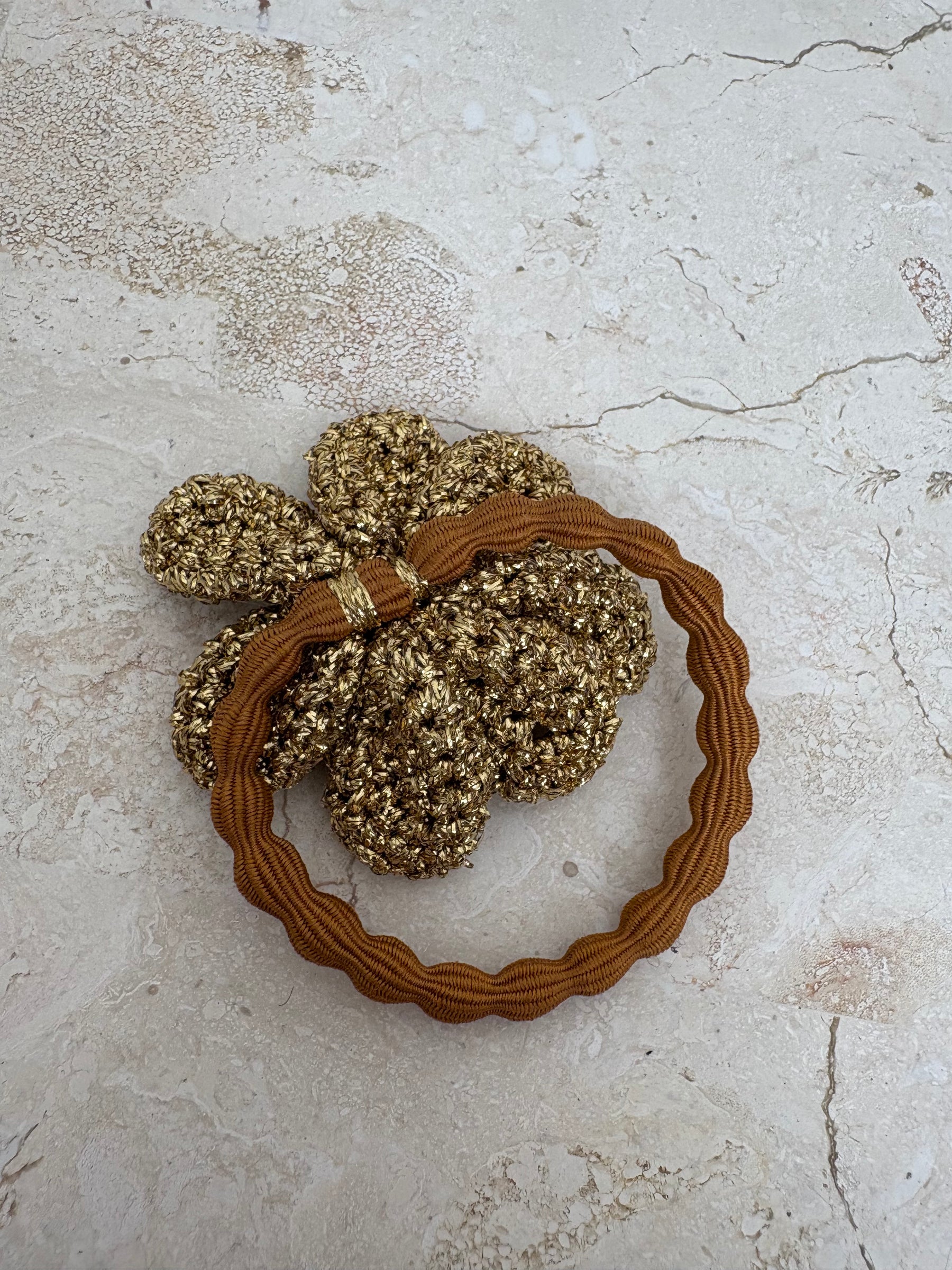Lucy Folk Gold Crochet Flower Hair Tie