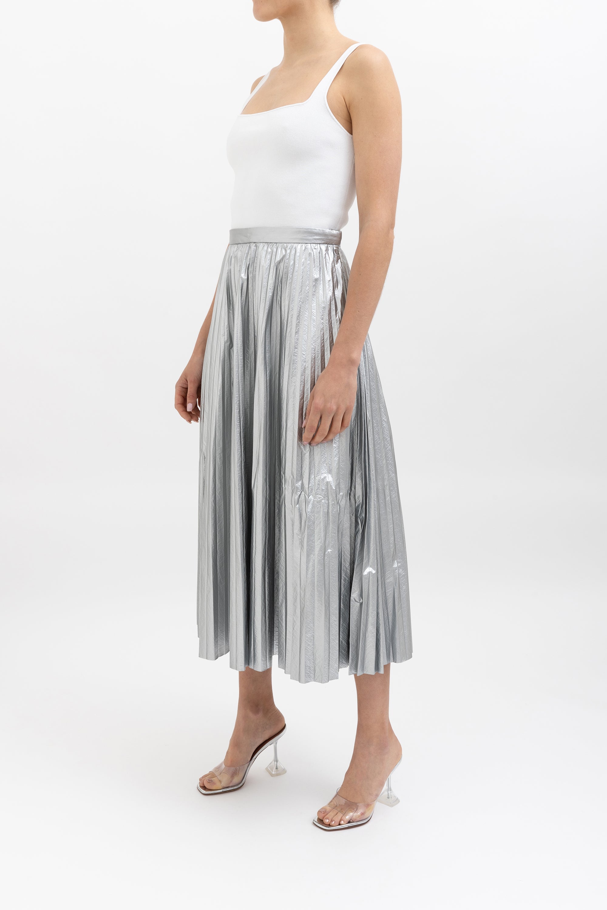 Pleated Lamé Midi Skirt