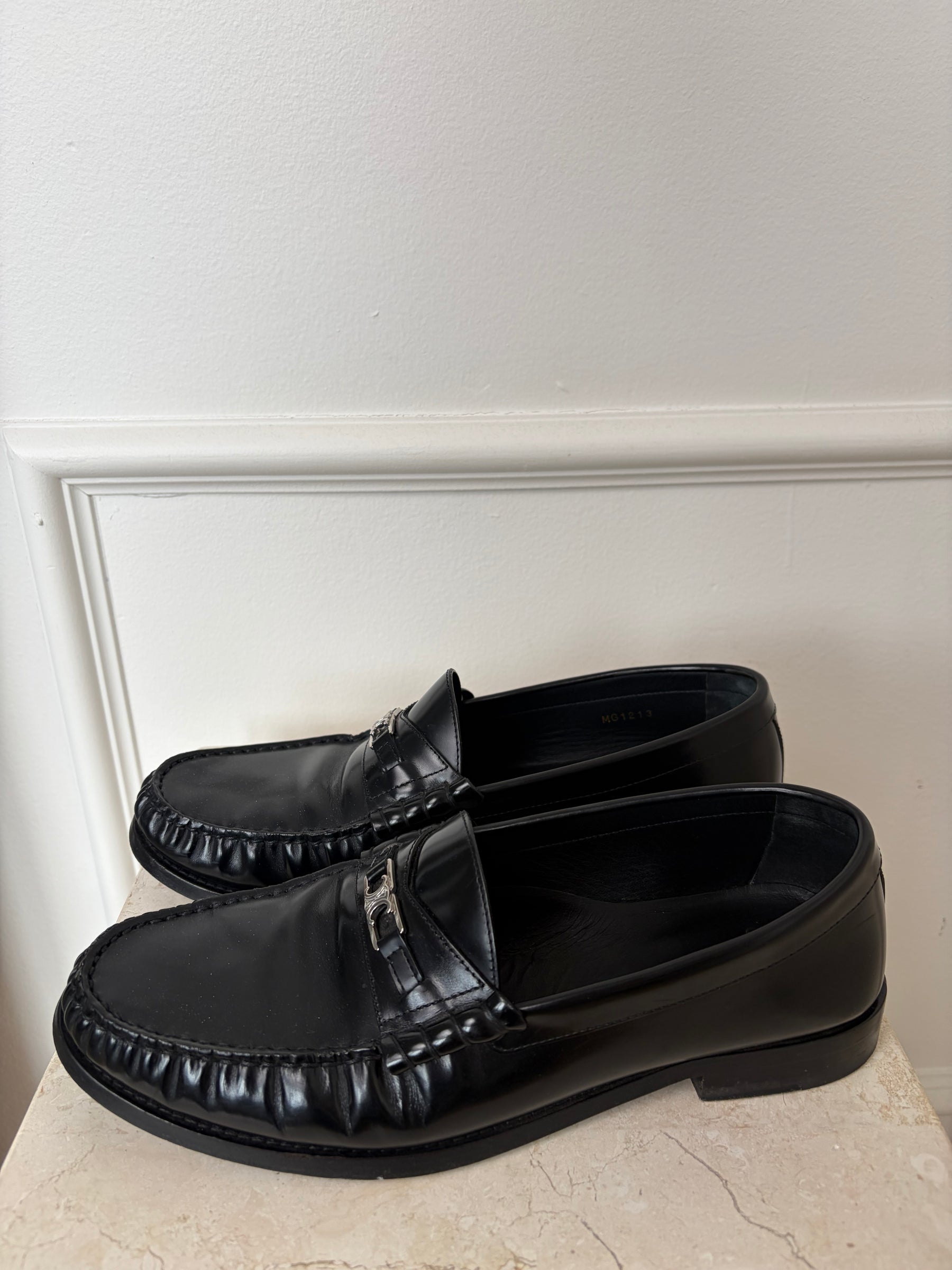 Celine Triomphe Black Leather Loafers Silver Hardware, 42