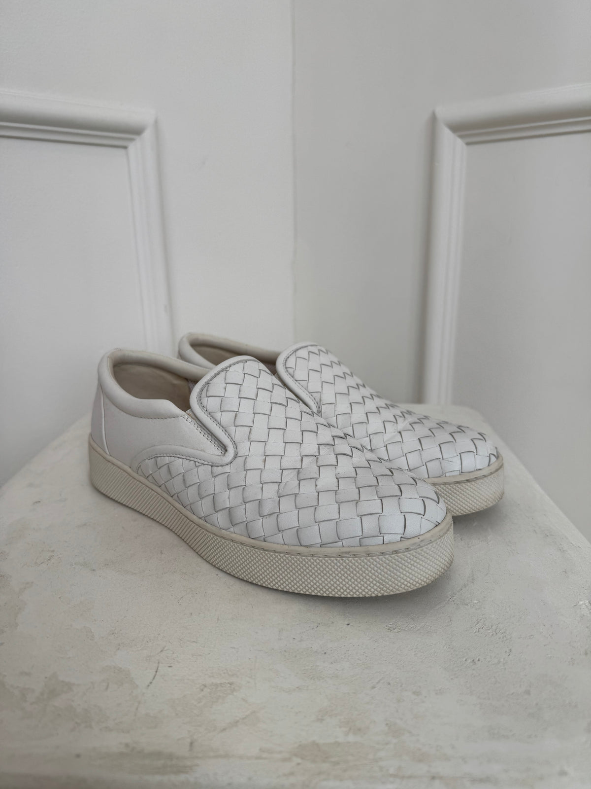Bottega Veneta White Intrecciato Leather Slip On Sneaker, 38
