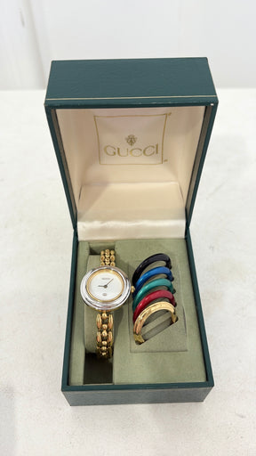 Gucci Gold Tone Round Bracelet Watch with Interchangeable Bezel