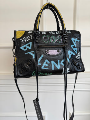 Balenciaga Black Crinkled Leather Graffiti Print City Bag