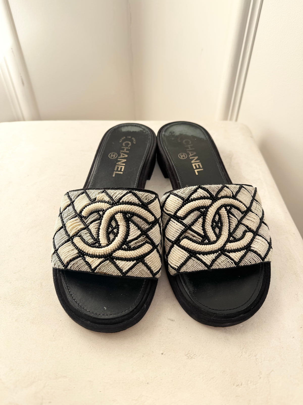 Chanel Black and White Beaded Logo Heeled Mules, 38C