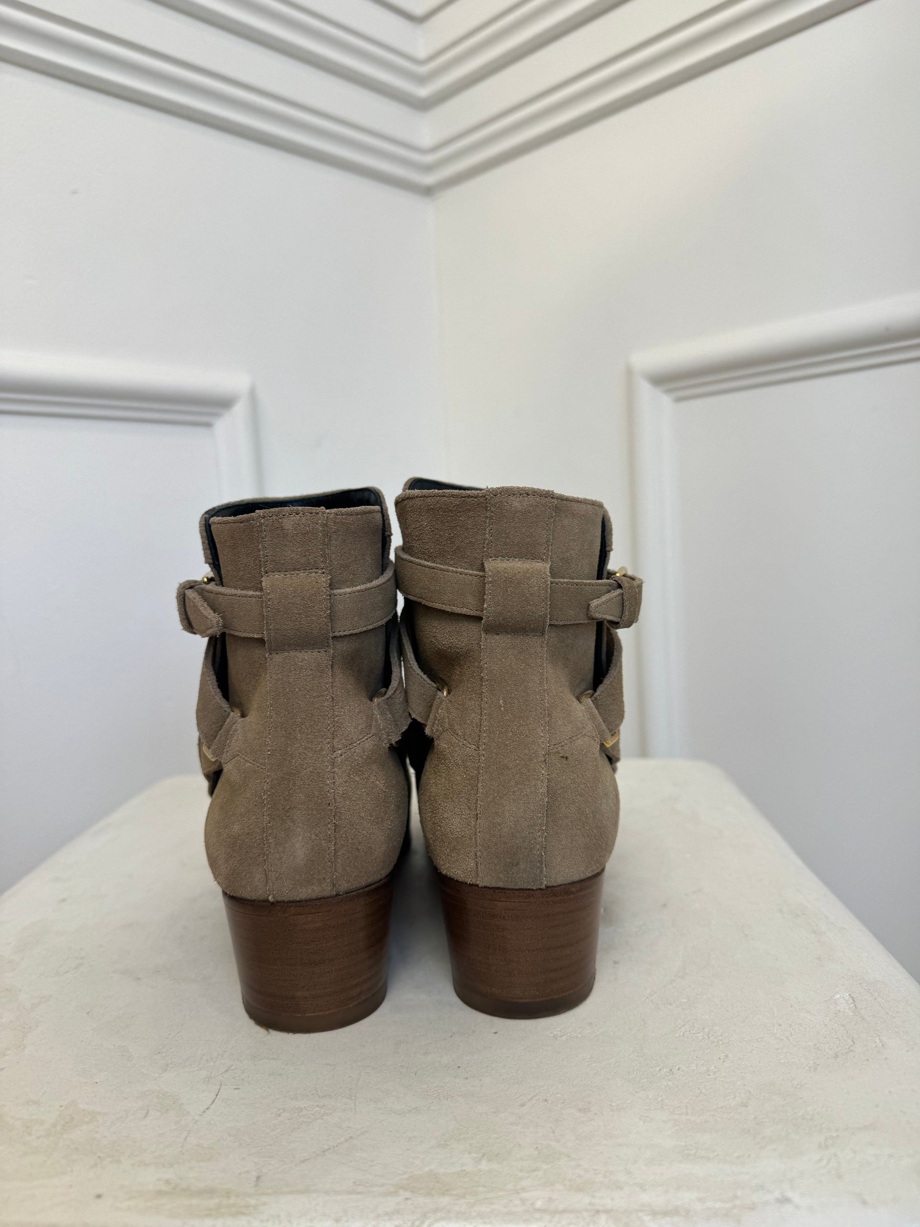 Saint Laurent Beige Suede Ankle Boots with Buckle, 38
