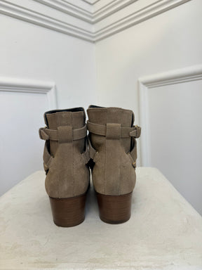 Saint Laurent Beige Suede Ankle Boots with Buckle, 38