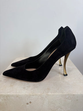 Dior Black Suede Gold Heel Pumps, 38.5