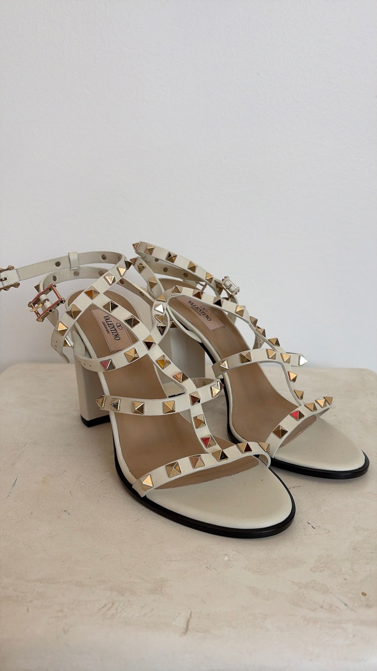 Valentino Block Heel Garavanie Cage Sandals In Cream, 40.5