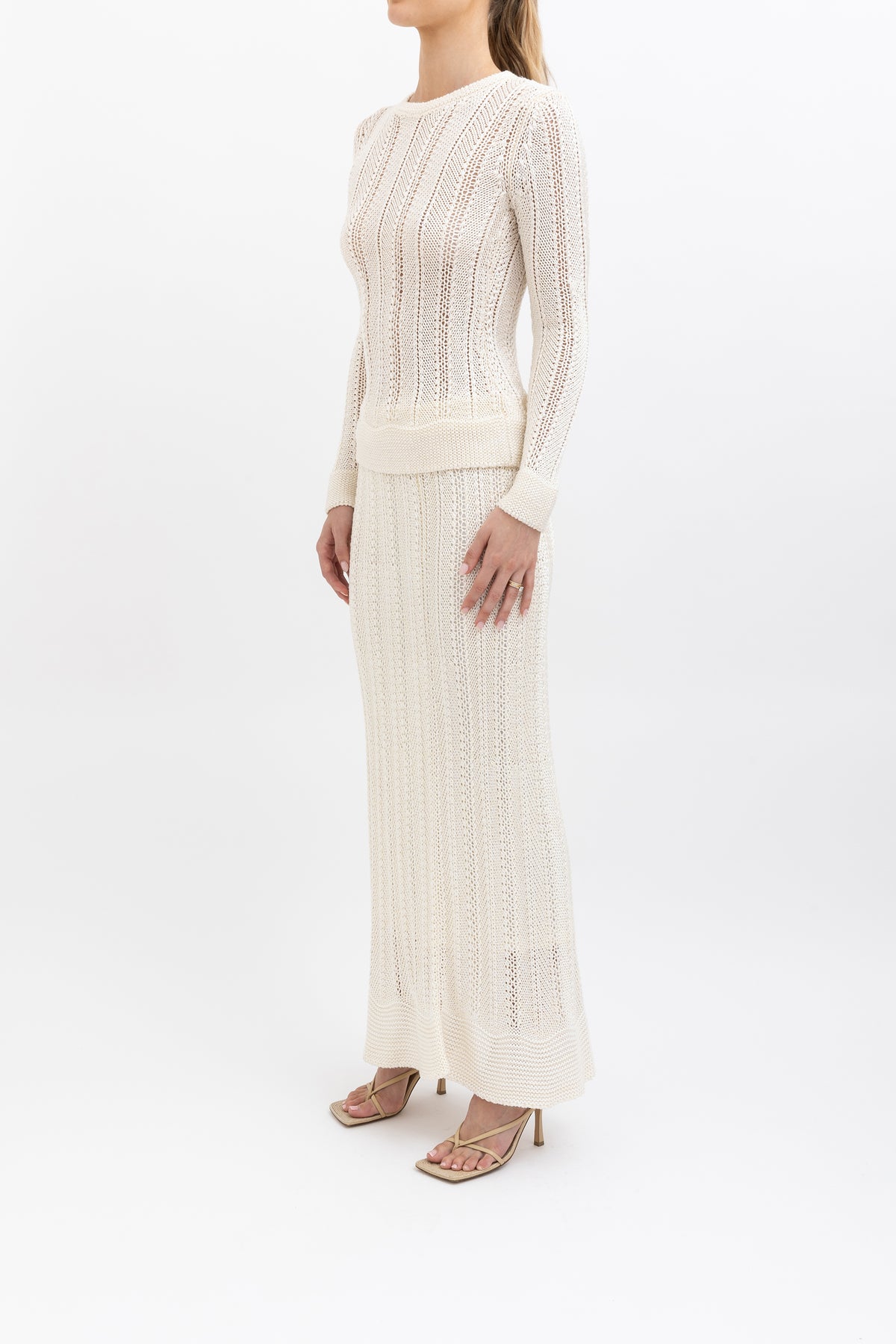 Crochet Knit Long Sleeve Top & Skirt Set