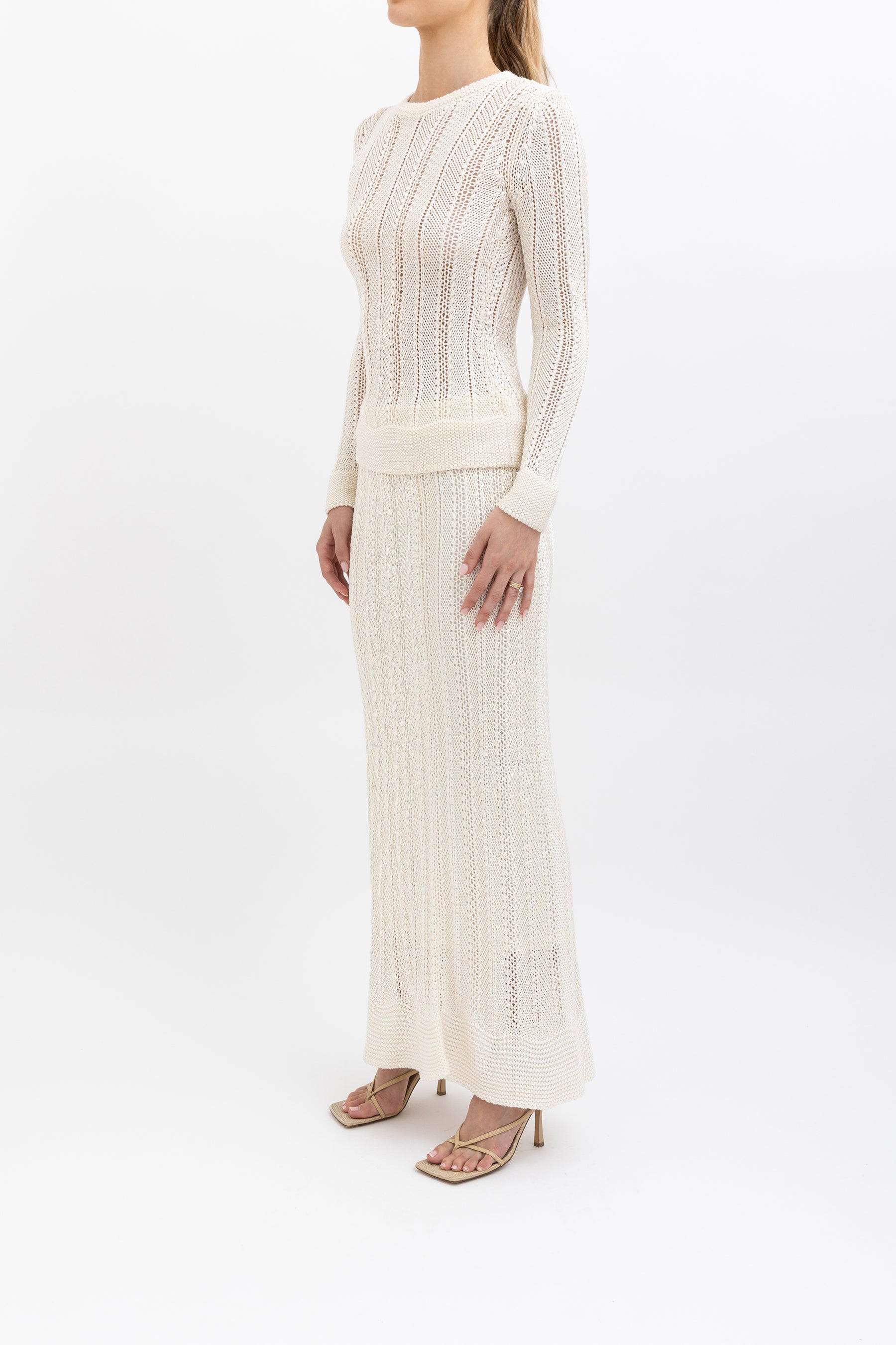 Crochet Knit Long Sleeve Top & Skirt Set