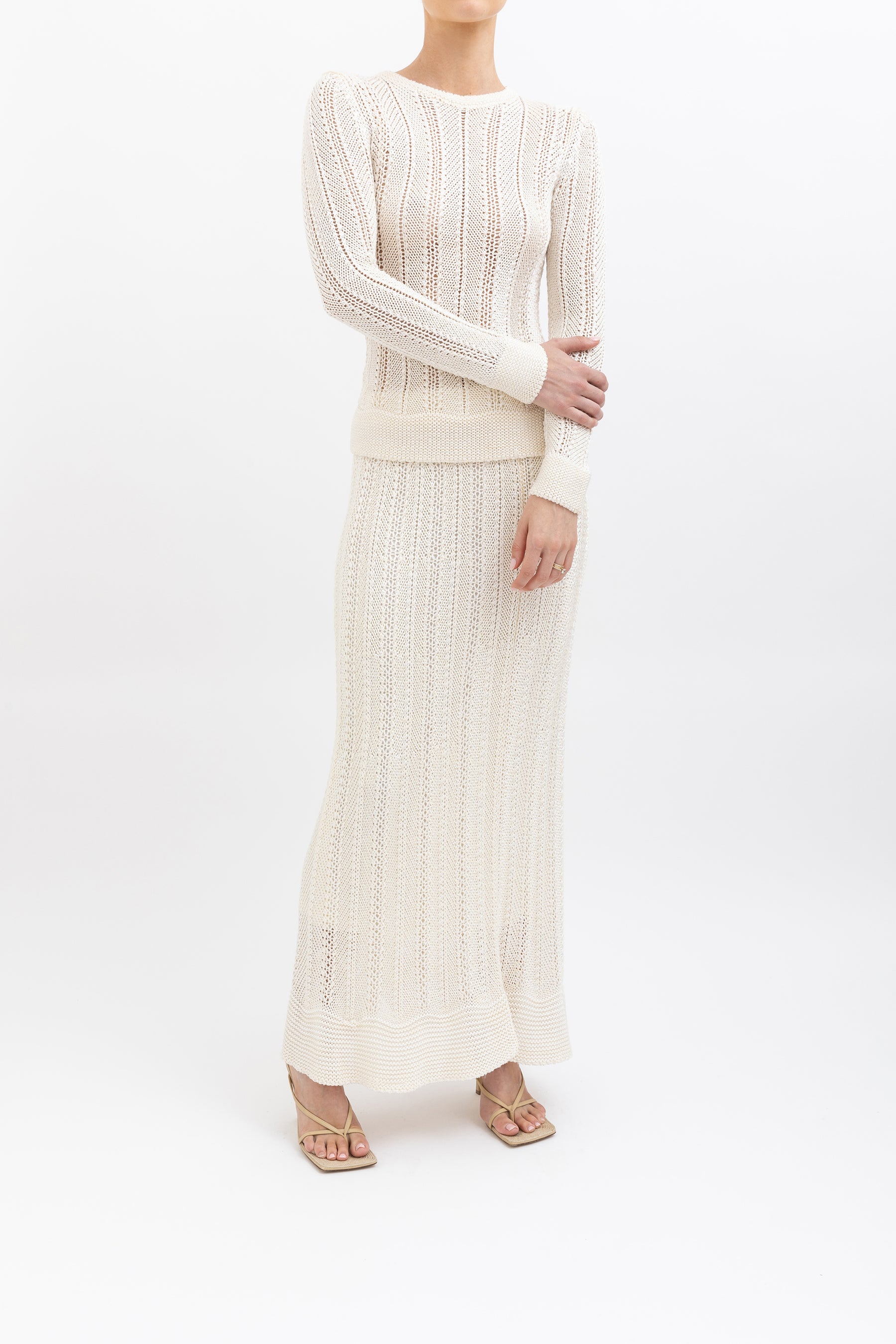 Crochet Knit Long Sleeve Top & Skirt Set