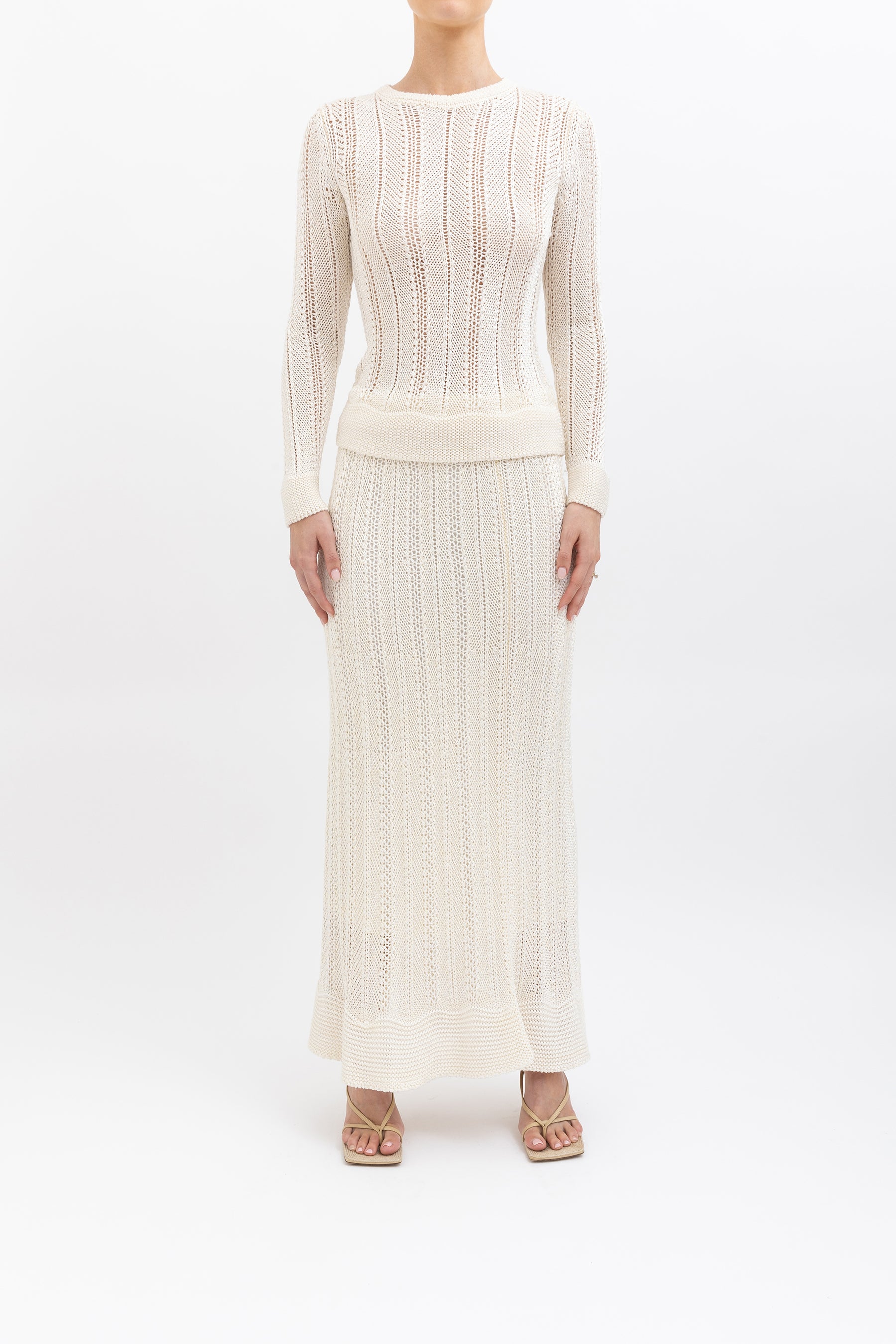 Crochet Knit Long Sleeve Top & Skirt Set