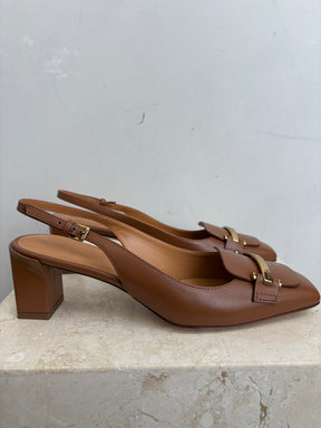 Tod's Tan Leather Gold Buckle Slingbacks, 38.5