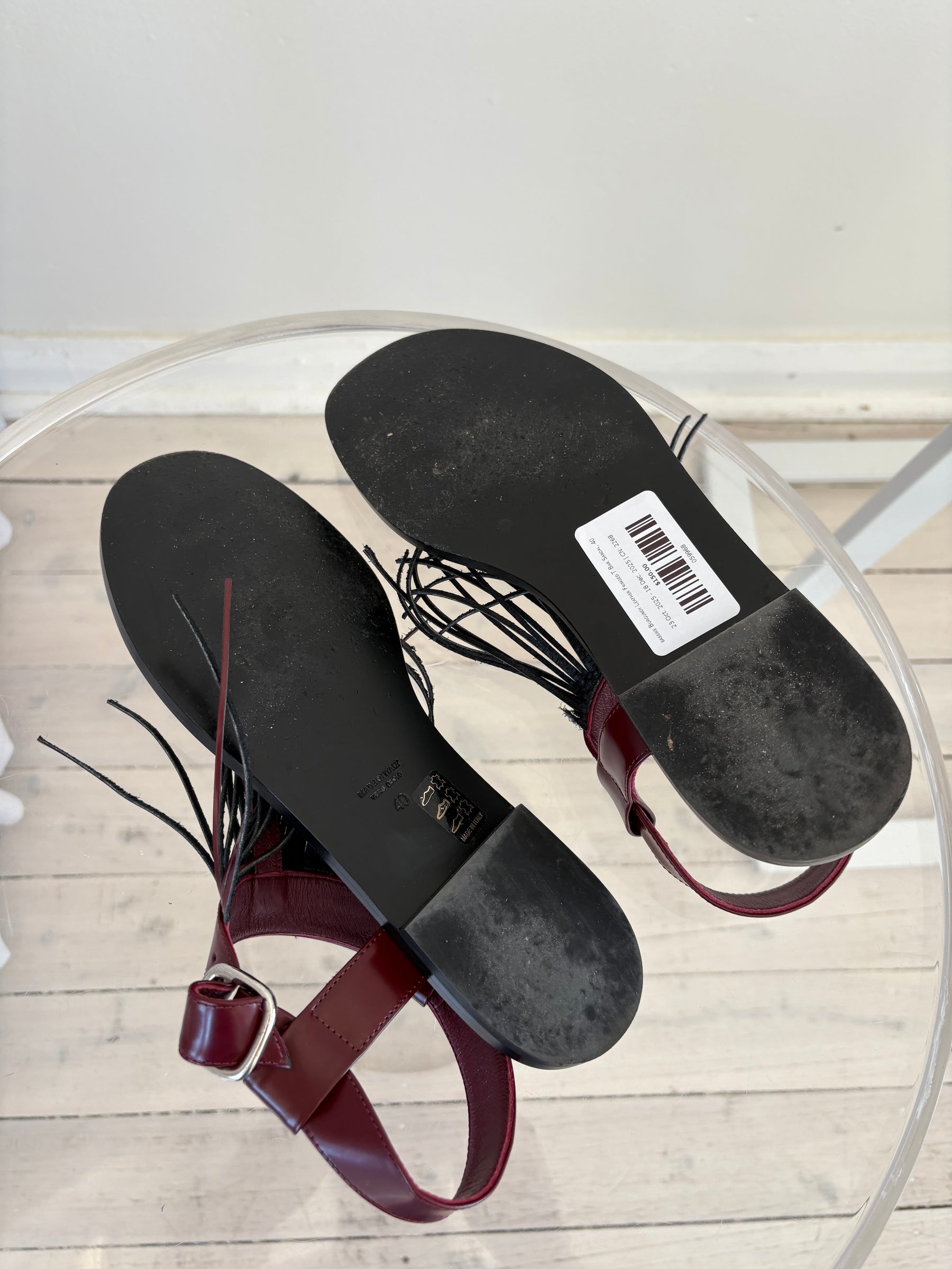 bassike Burgundy Leather Fringed T Bar Sandal, 40