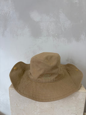 Miu Miu Beige Canvas Logo Cowboy Hat, L