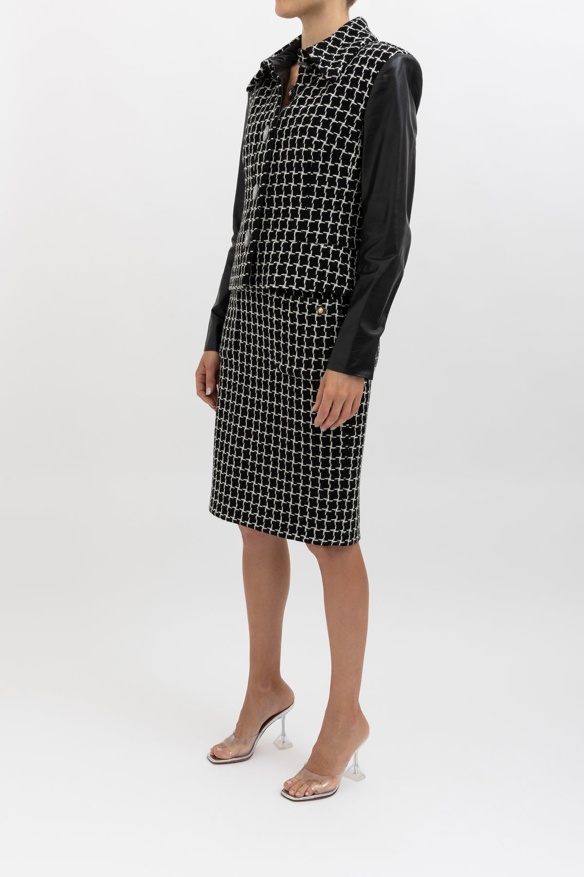 Tweed Leather Jacket & Skirt Set