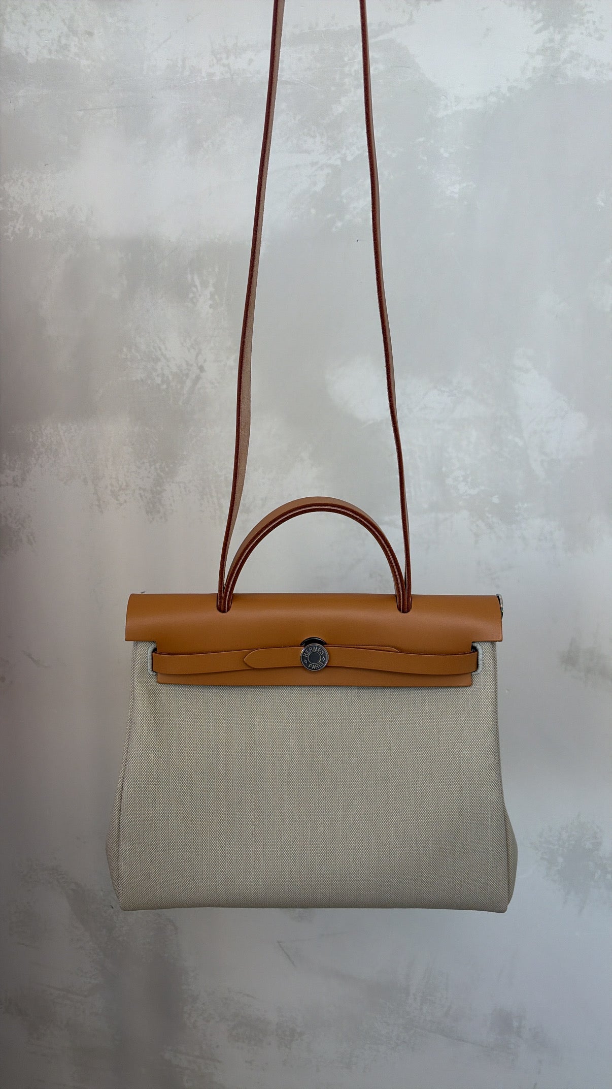 Hermès Special Order Herbag Zip Retourné 31 in Beton Canvas and Naturel-Sable Leather
