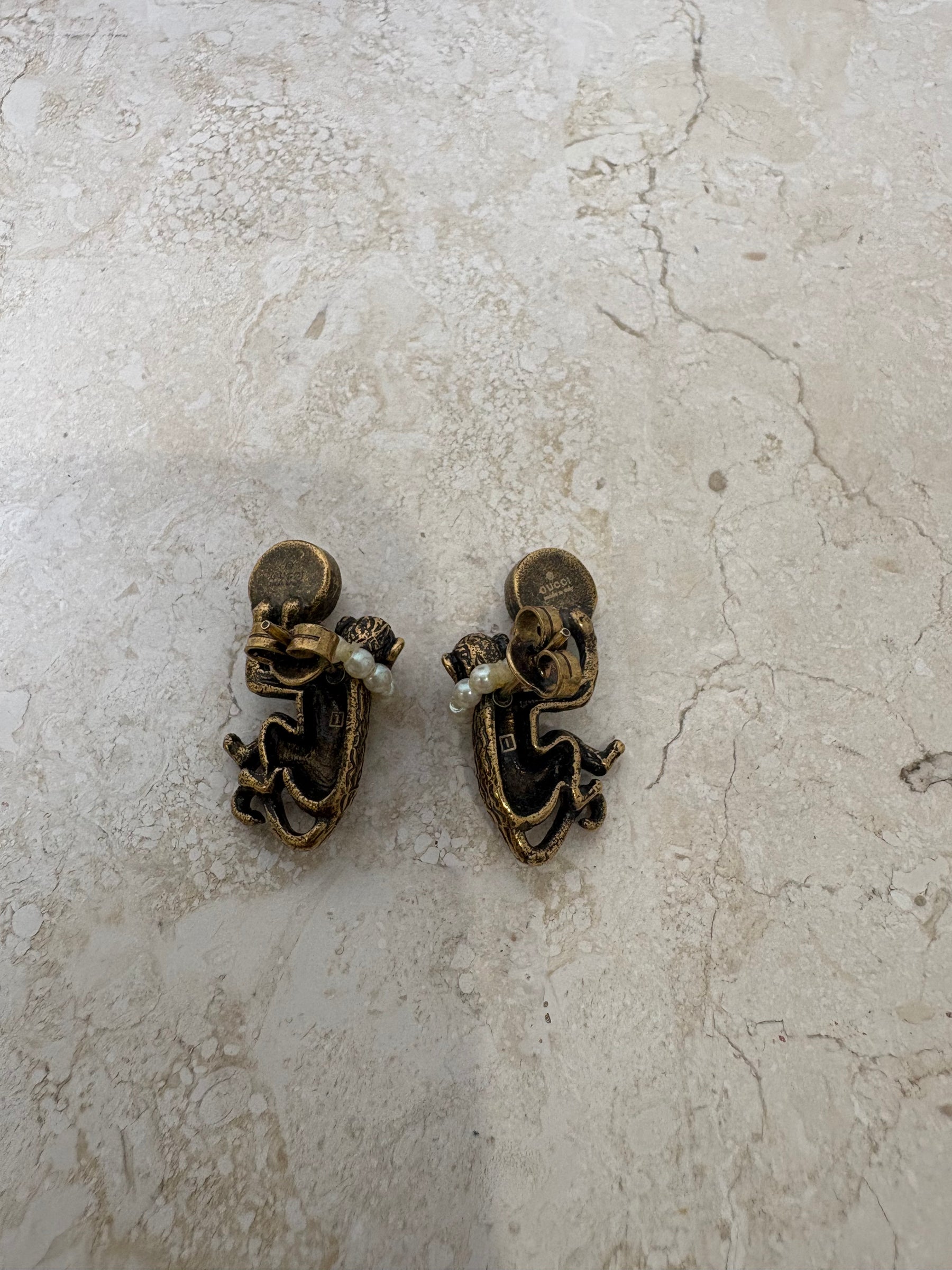 Gucci Gold Tone and Pearl Monkey Stud Earrings