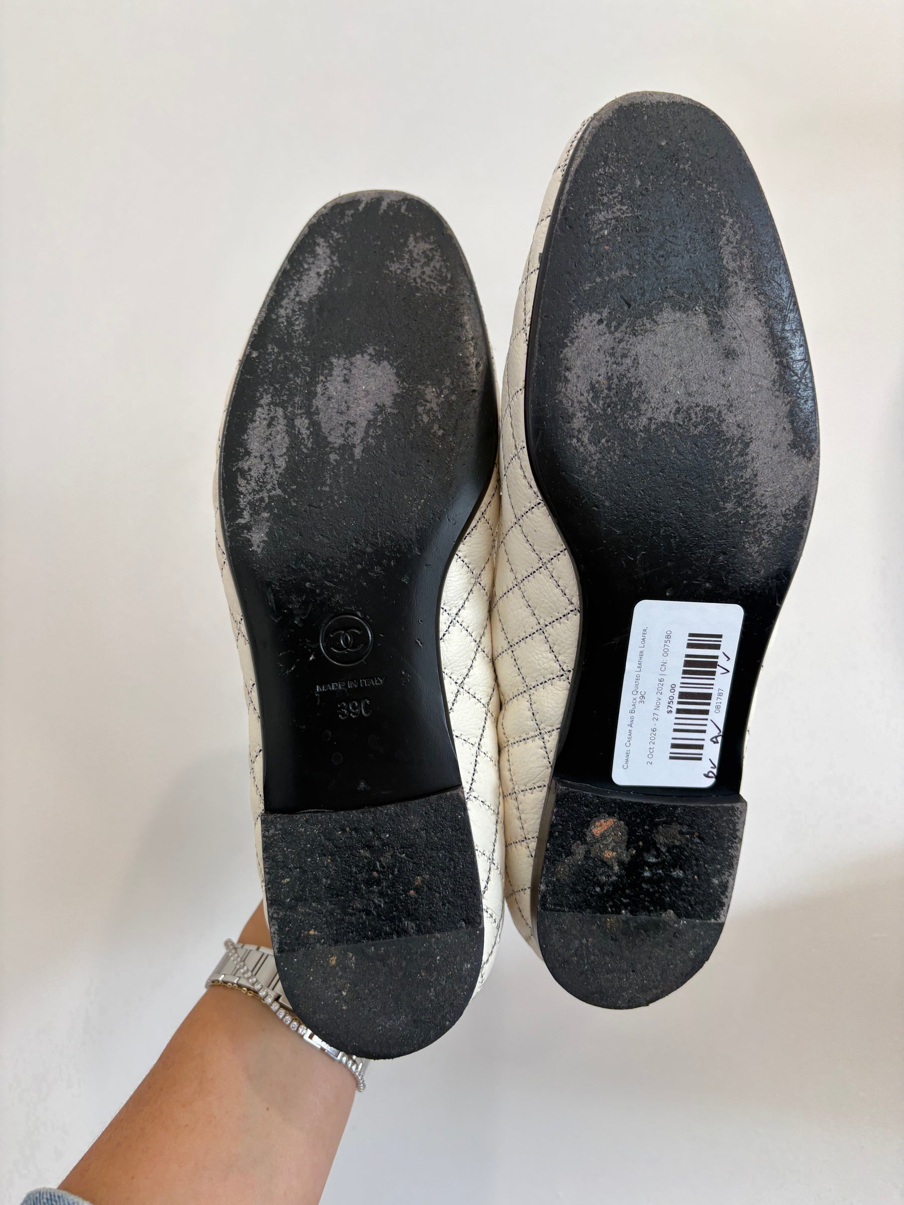 Chanel Cream And Black Quilted Leather Loafer, 39C
