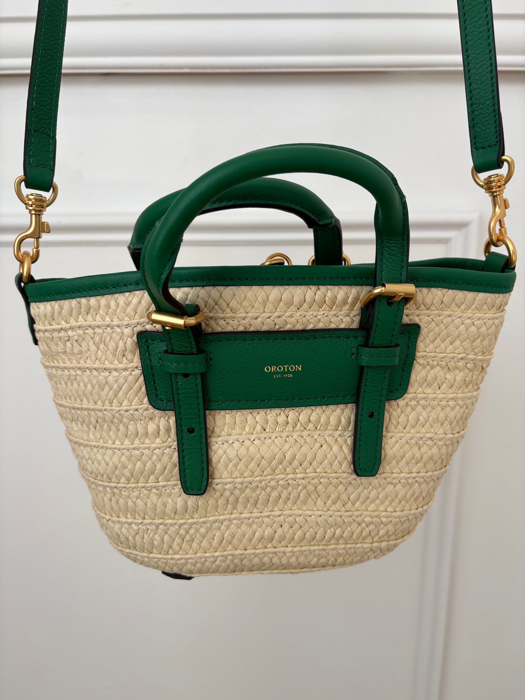 Oroton Camille Straw Small Tote Natural And Green