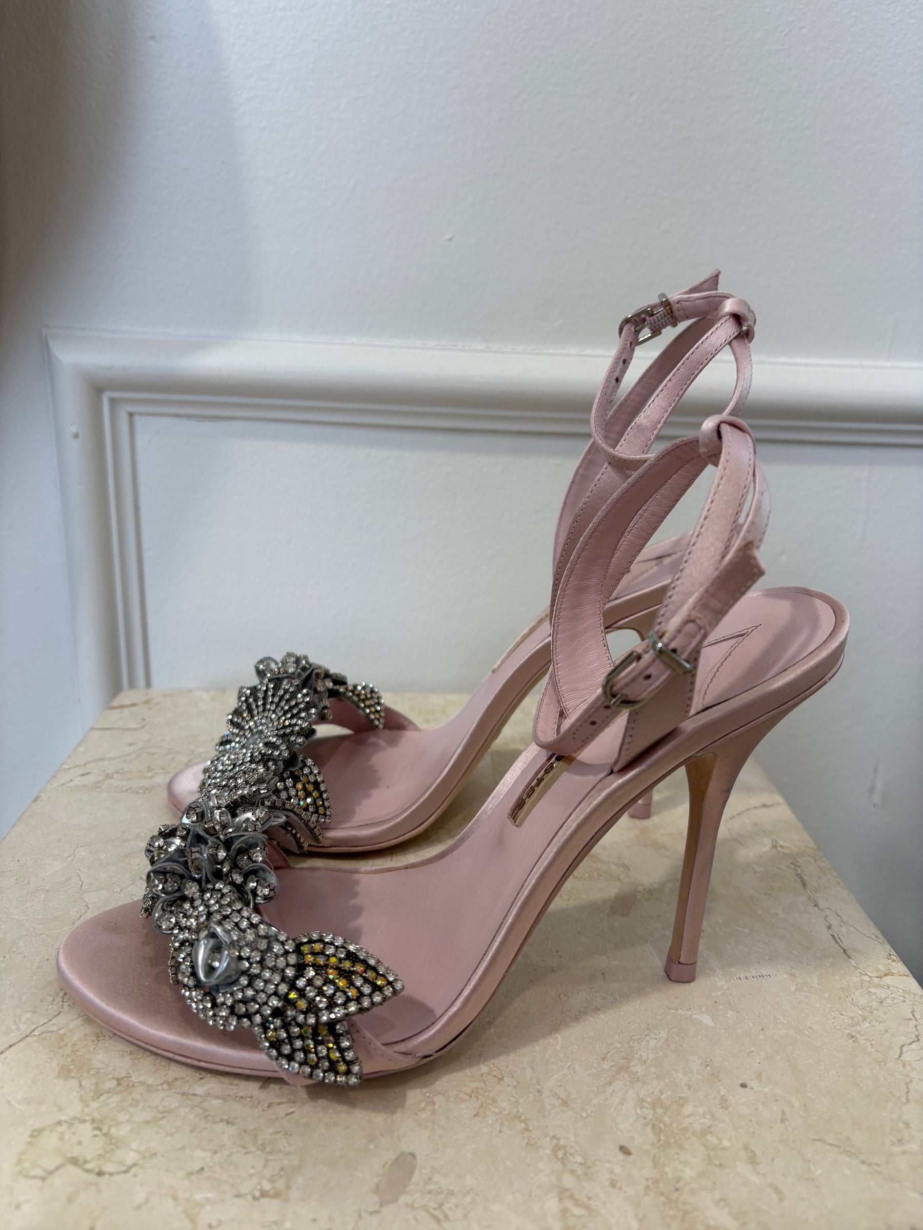 Sophia Webster Pink Satin and Crystal Flower Strappy Heels, 39