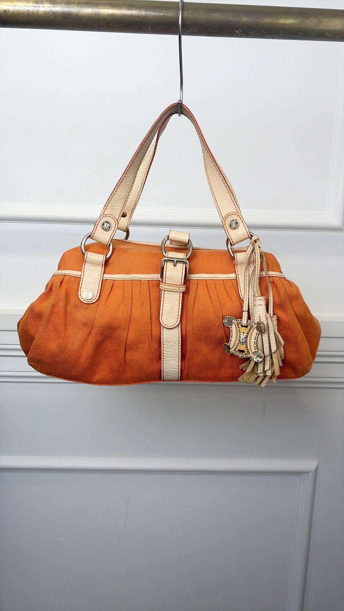 Celine Orange Canvas and Cream Leather Shoulder Bag
