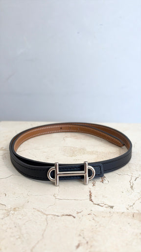 Hermès Black and Tan Leather Reversible Silver Gamma Buckle Belt 13 mm, 70