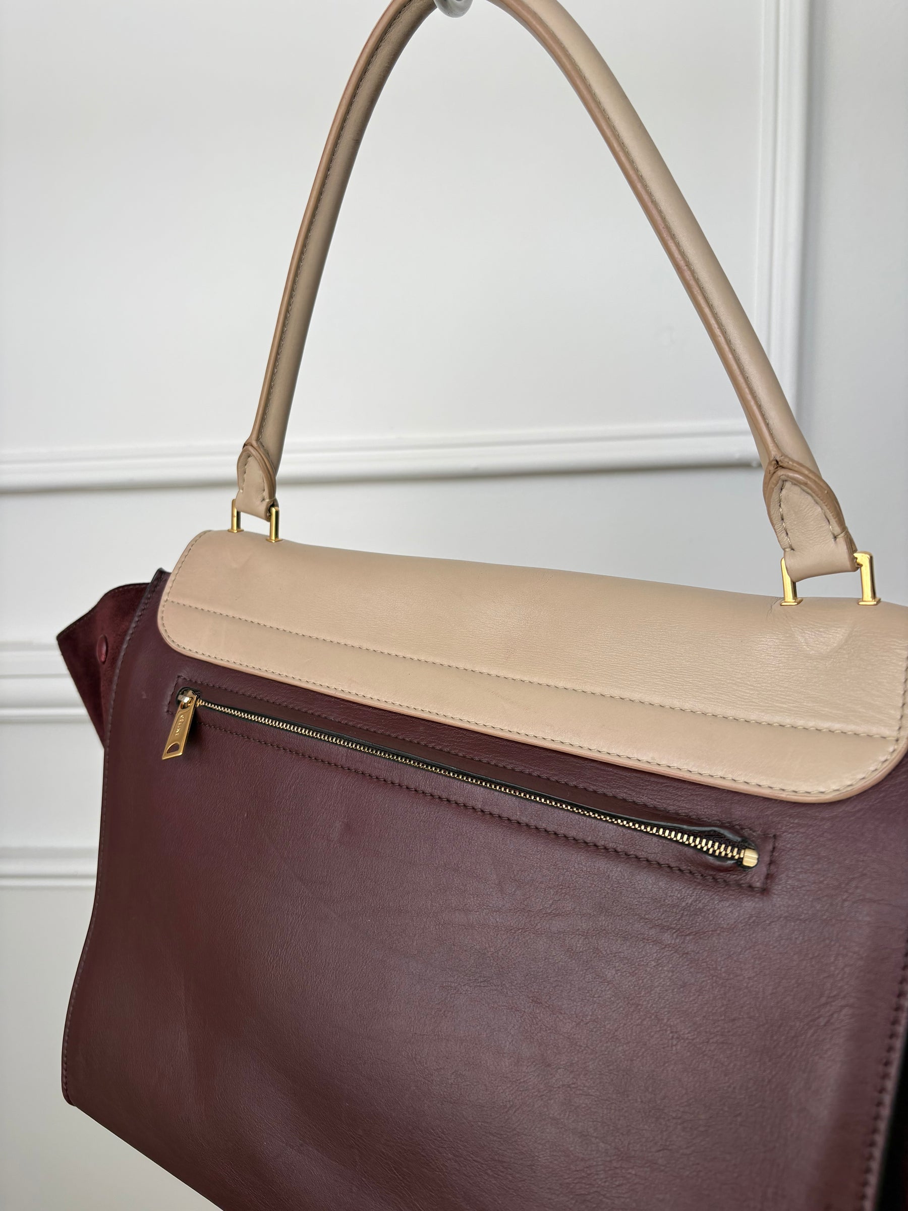 Celine Burgundy and Beige Leather and Suede Trapeze Bag
