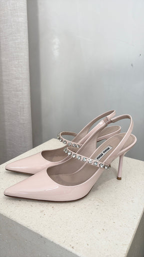 Miu Miu Crystal Embellished Leather Slingback Pumps In Gemma Patent Leather, 35.5