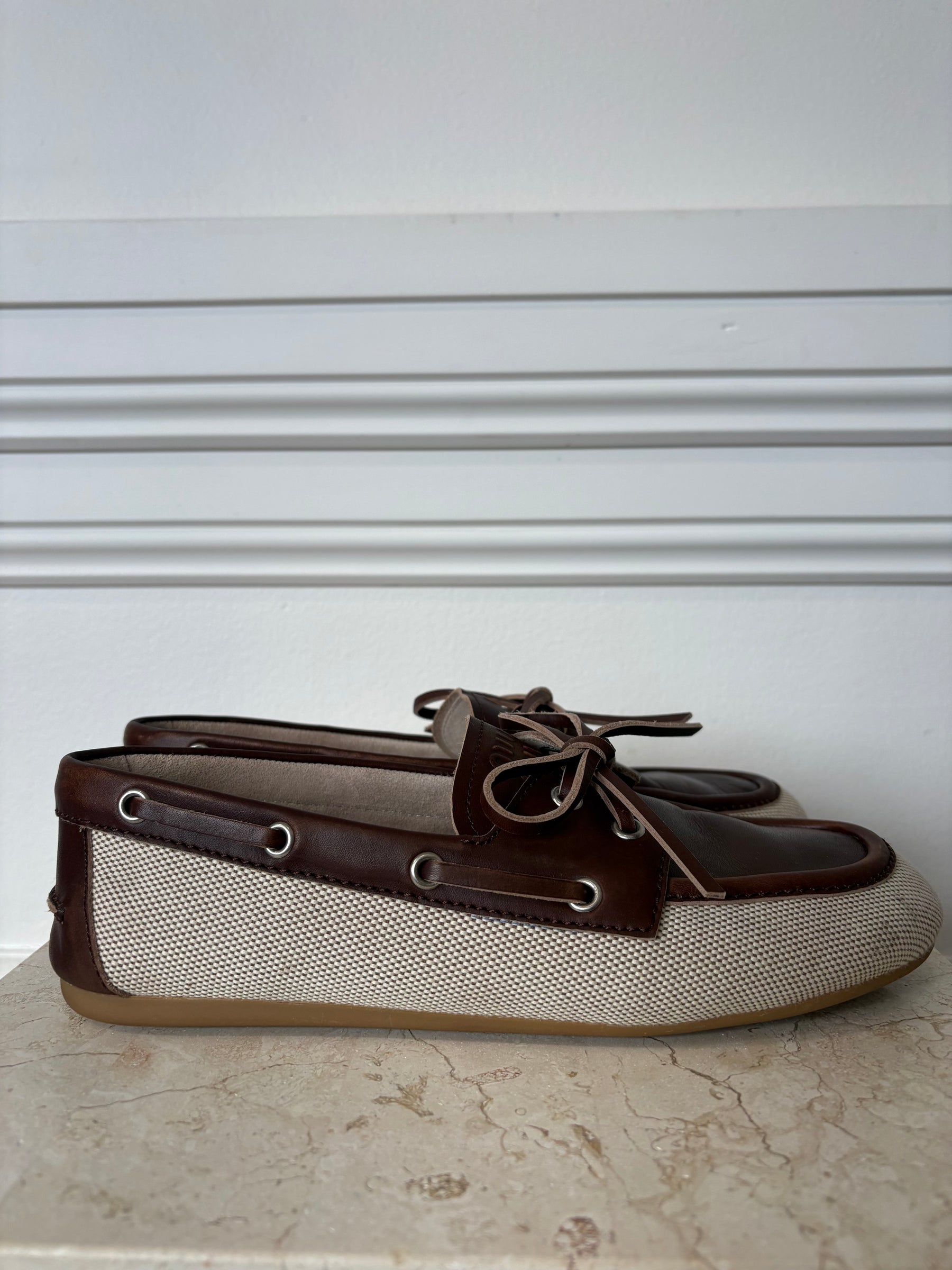 Miu Miu Brown Leather and Cream Canvas Deck Mules, 39