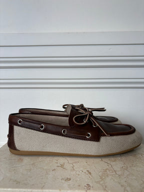 Miu Miu Brown Leather and Cream Canvas Deck Mules, 39