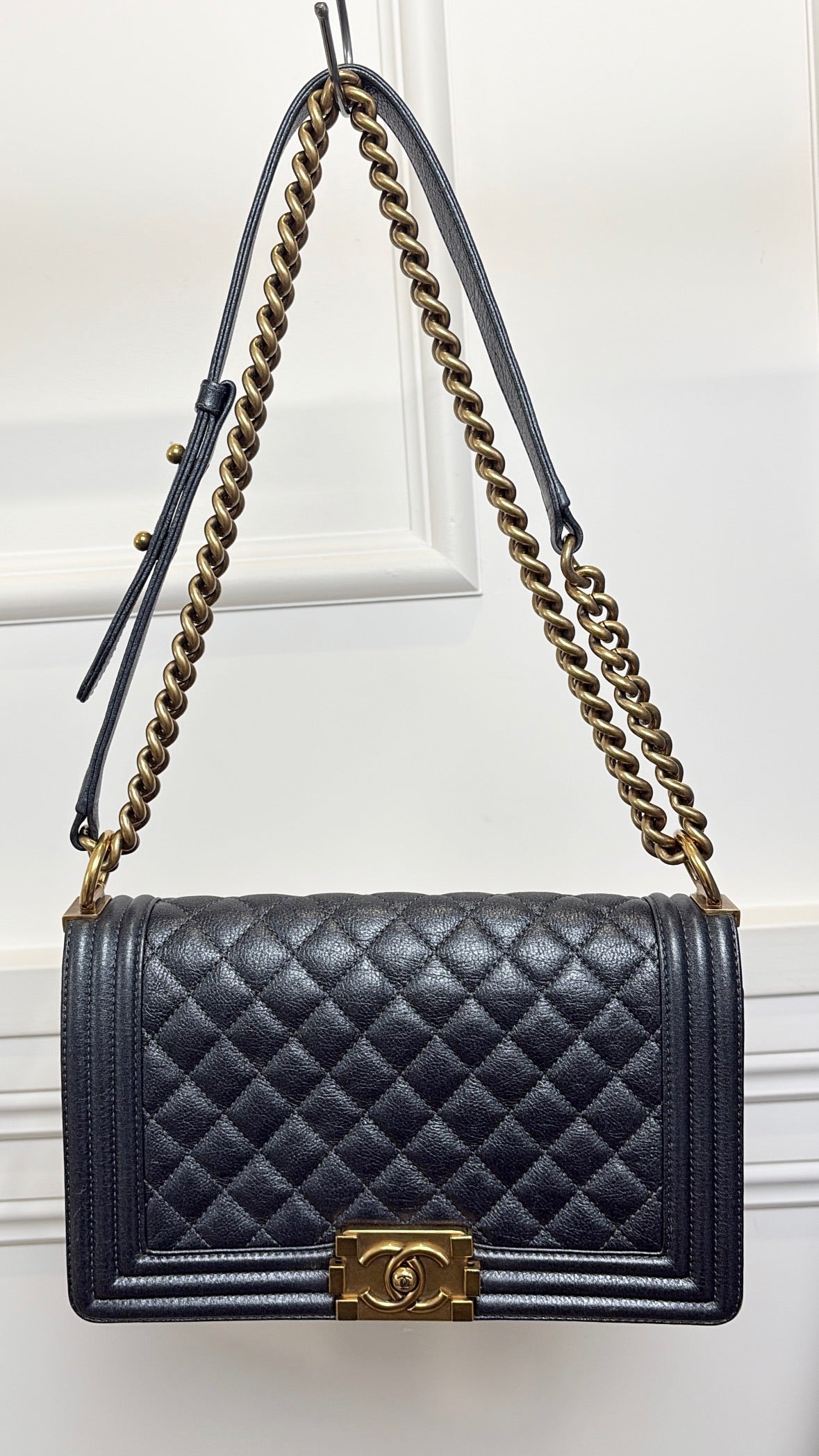 Chanel Charcoal Metallic Leather Old Medium Boy Bag