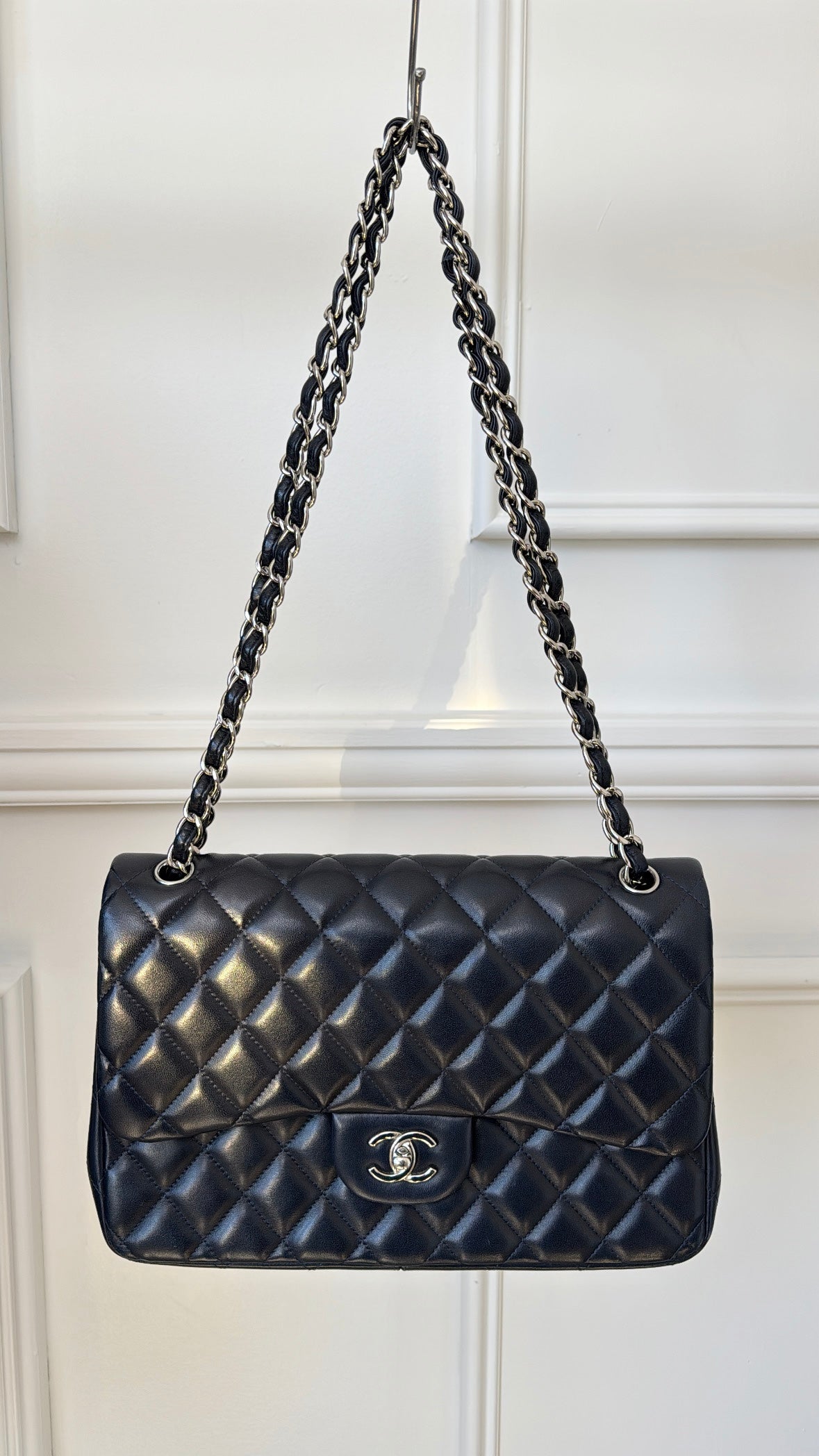 Chanel Navy Lambskin Leather Jumbo Double Flap with Silver Hardware