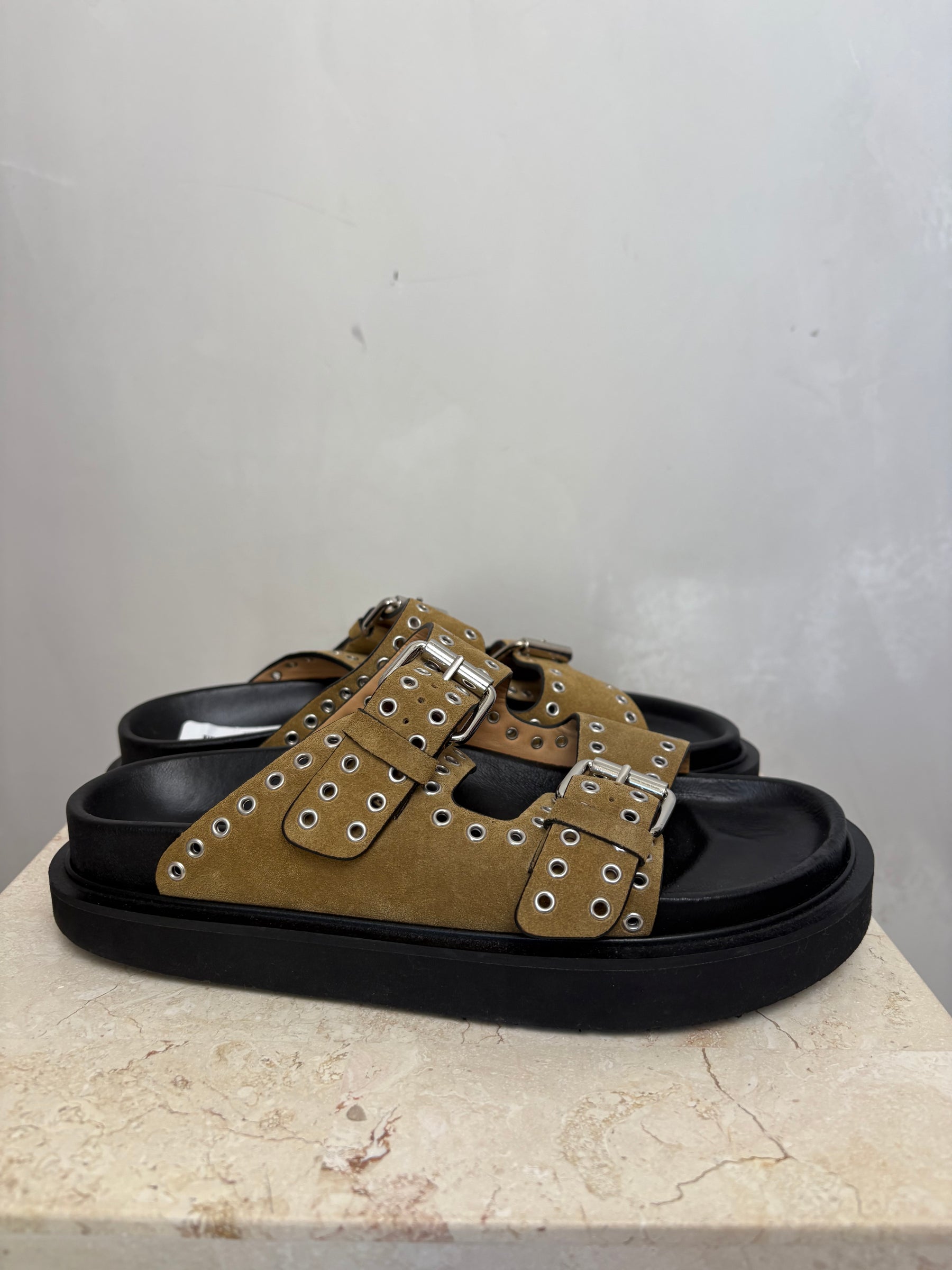 Isabel Marant Khaki Eyelet Slides, 37