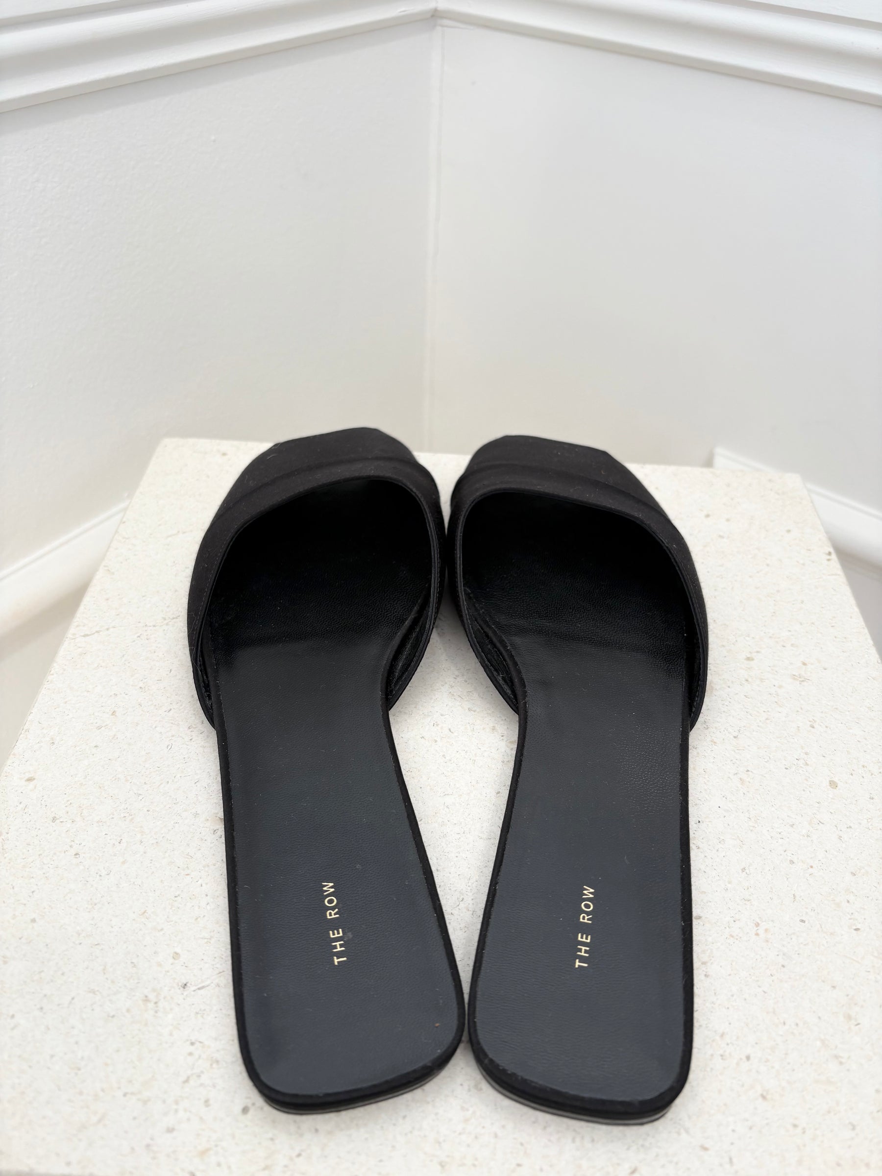 The Row Satin Peep Toe Slides, 41