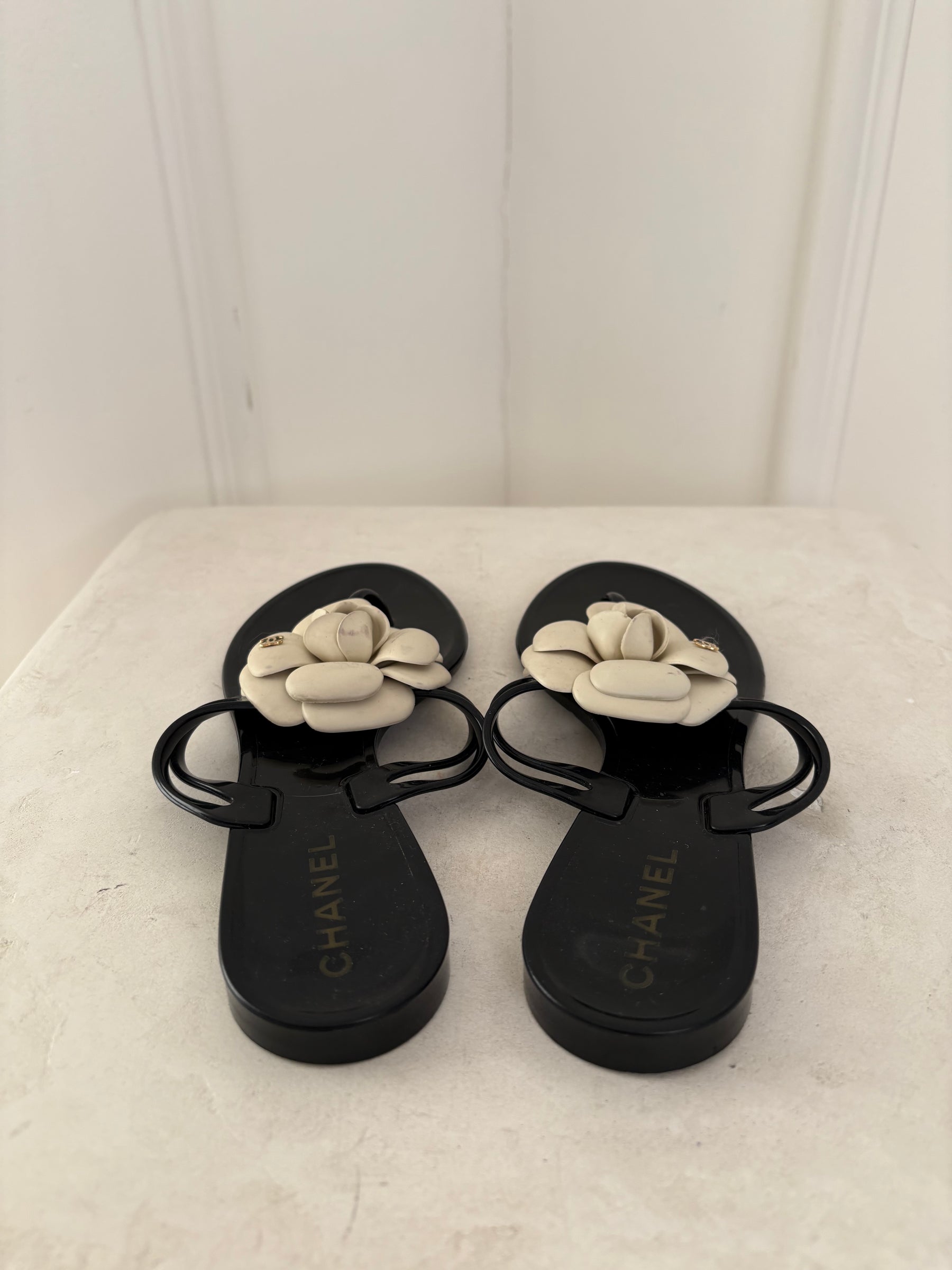 Chanel Black Rubber White Camellia Thongs, 37
