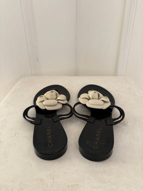 Chanel Black Rubber White Camellia Thongs, 37