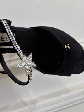 Chanel Black Suede Peep Toe Crystal Star Pumps, 39.5C