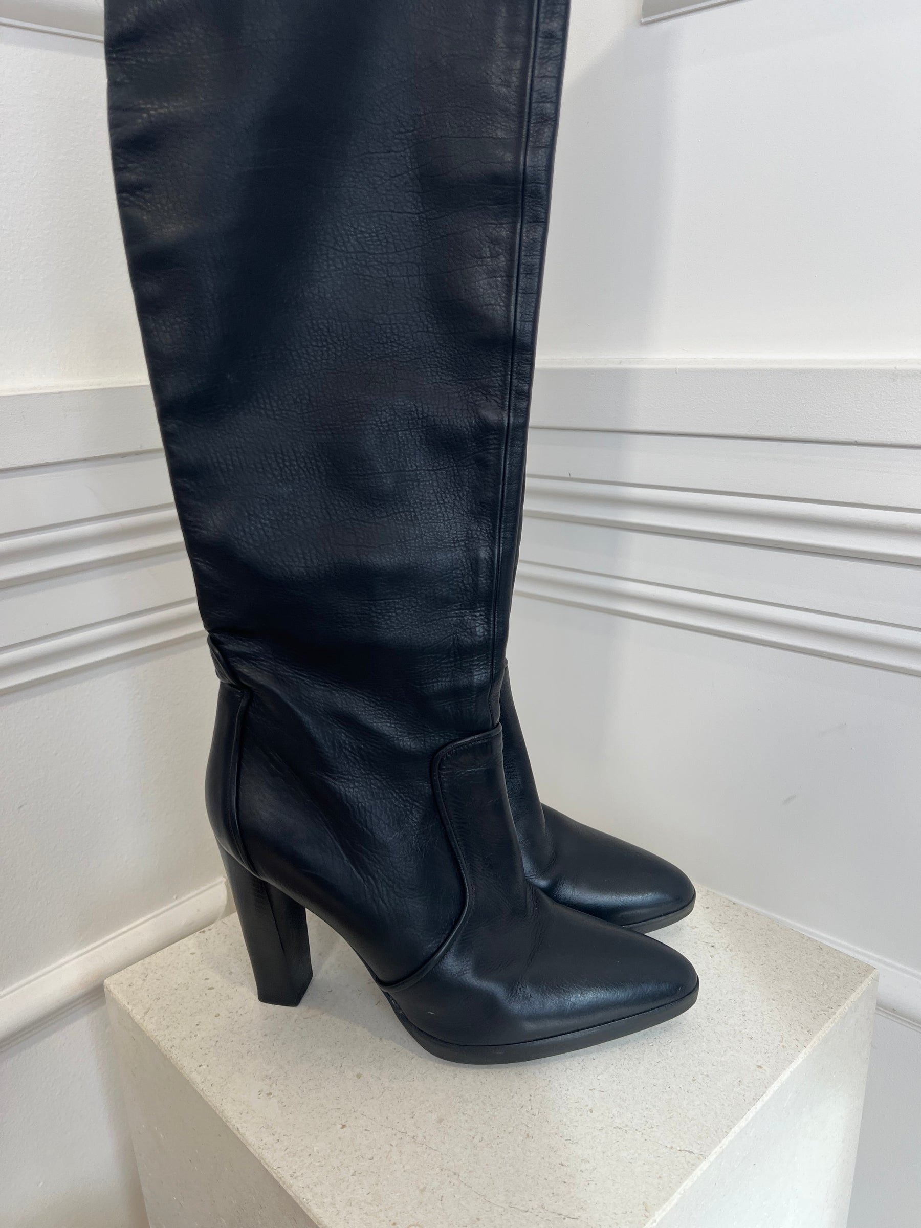 Hermès Black Leather Platform Knee High Boots, 40