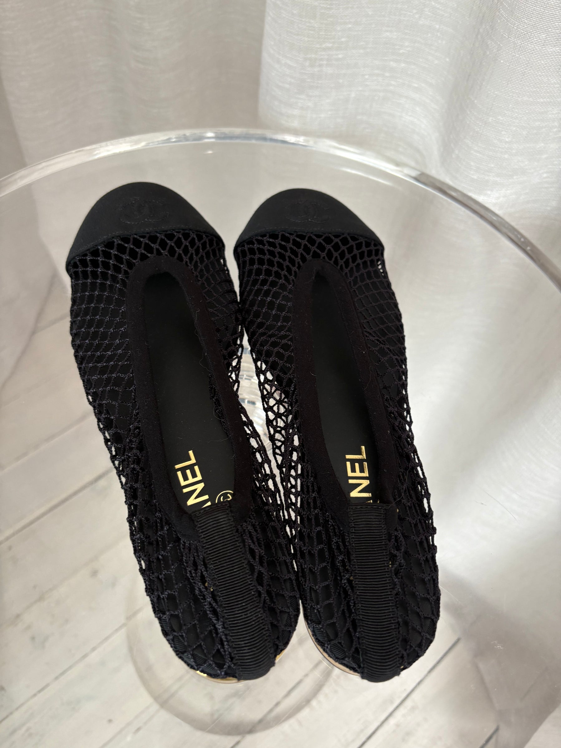 Chanel Black Net Ballet Flat with Gold Heel, 41
