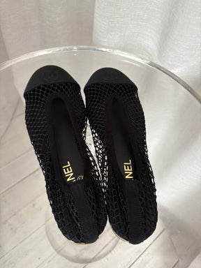Chanel Black Net Ballet Flat with Gold Heel, 41