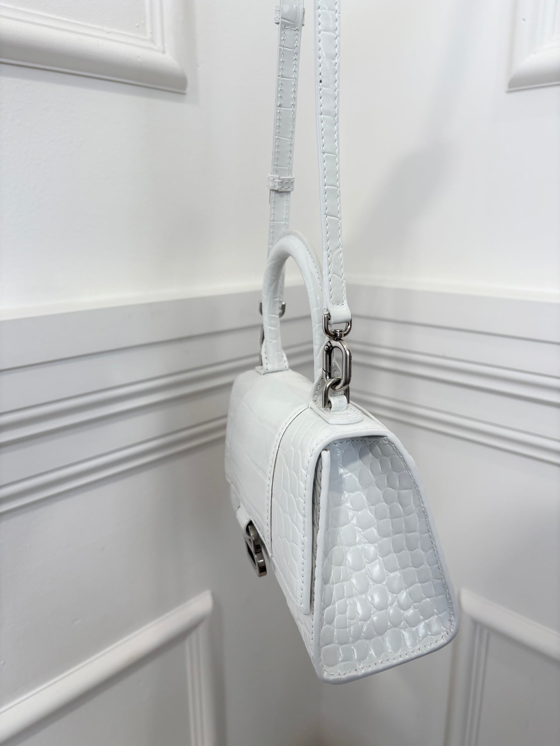 Balenciaga White Croc Embossed Hourglass Bag, XS