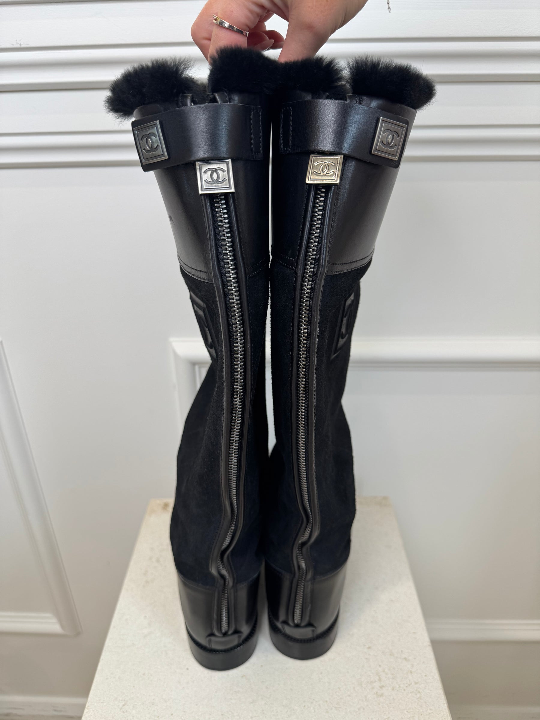 Chanel Black Leather and Suede Knee High Boots, 41