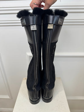 Chanel Black Leather and Suede Knee High Boots, 41