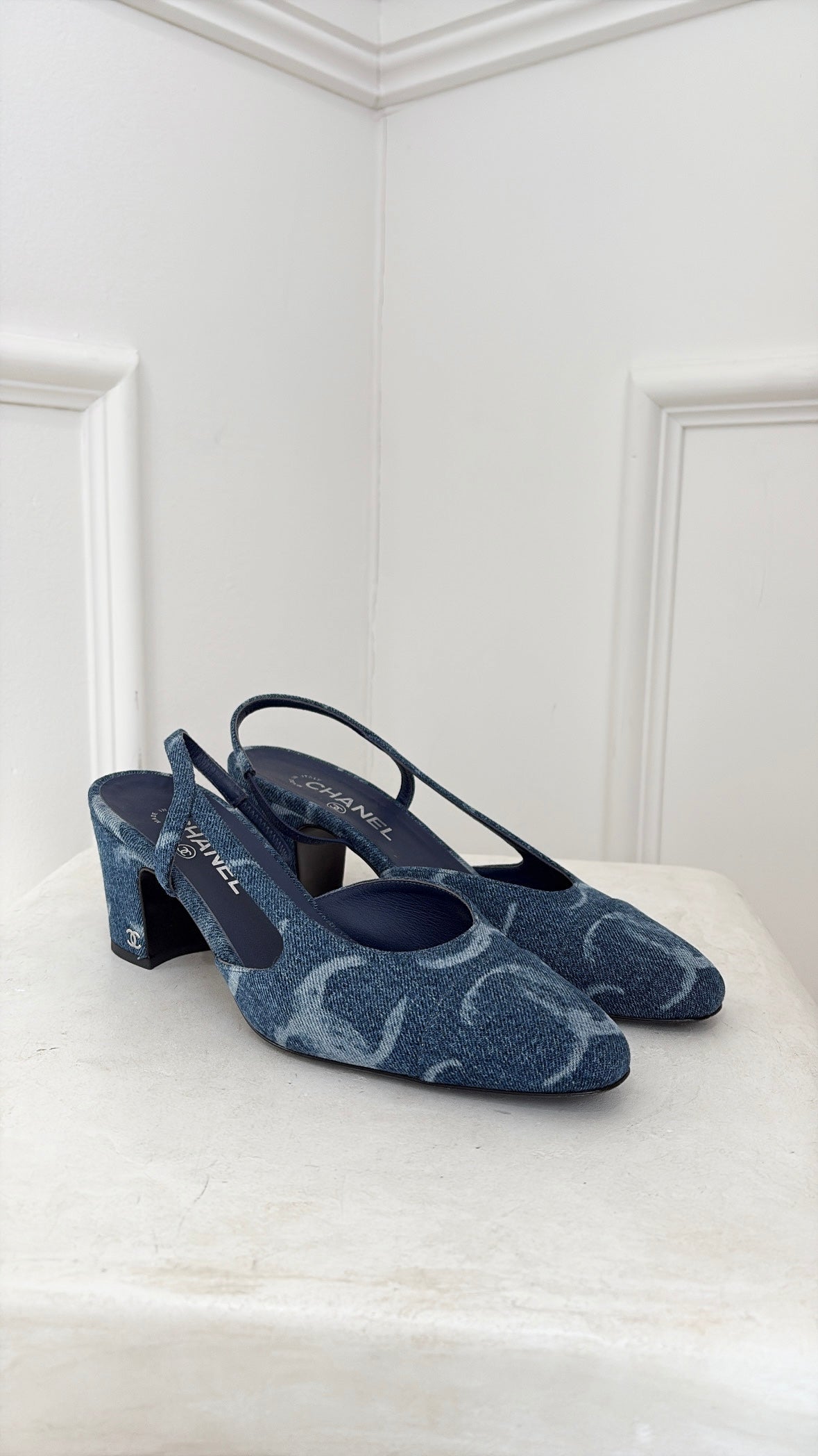 Chanel Blue Denim Logo Slingbacks, 40.5 C