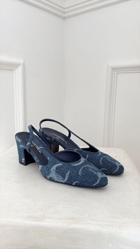Chanel Blue Denim Logo Slingbacks, 40.5 C