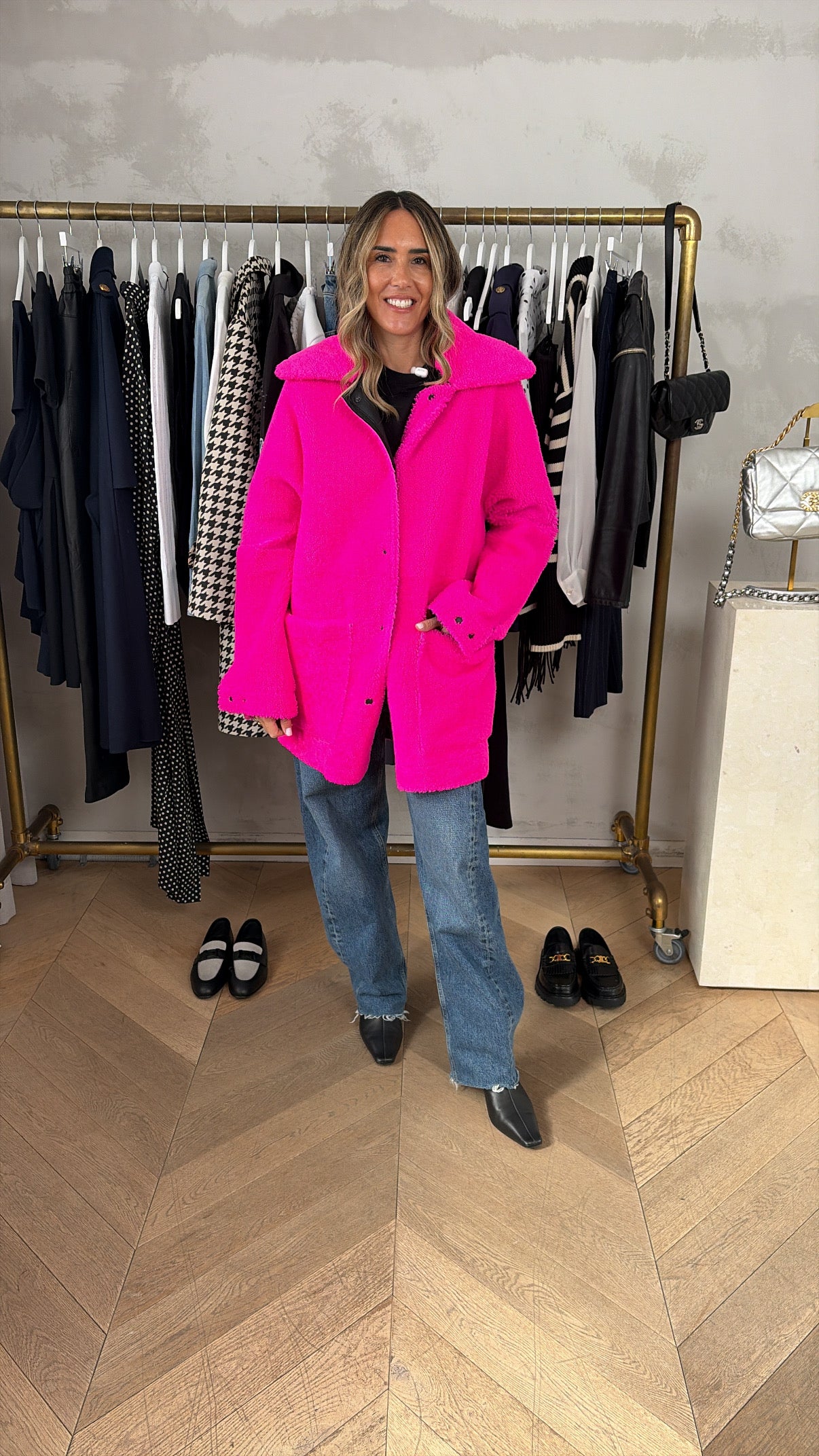 Dior Black Leather and Pink Shearling Reversible Coat, 36 FR