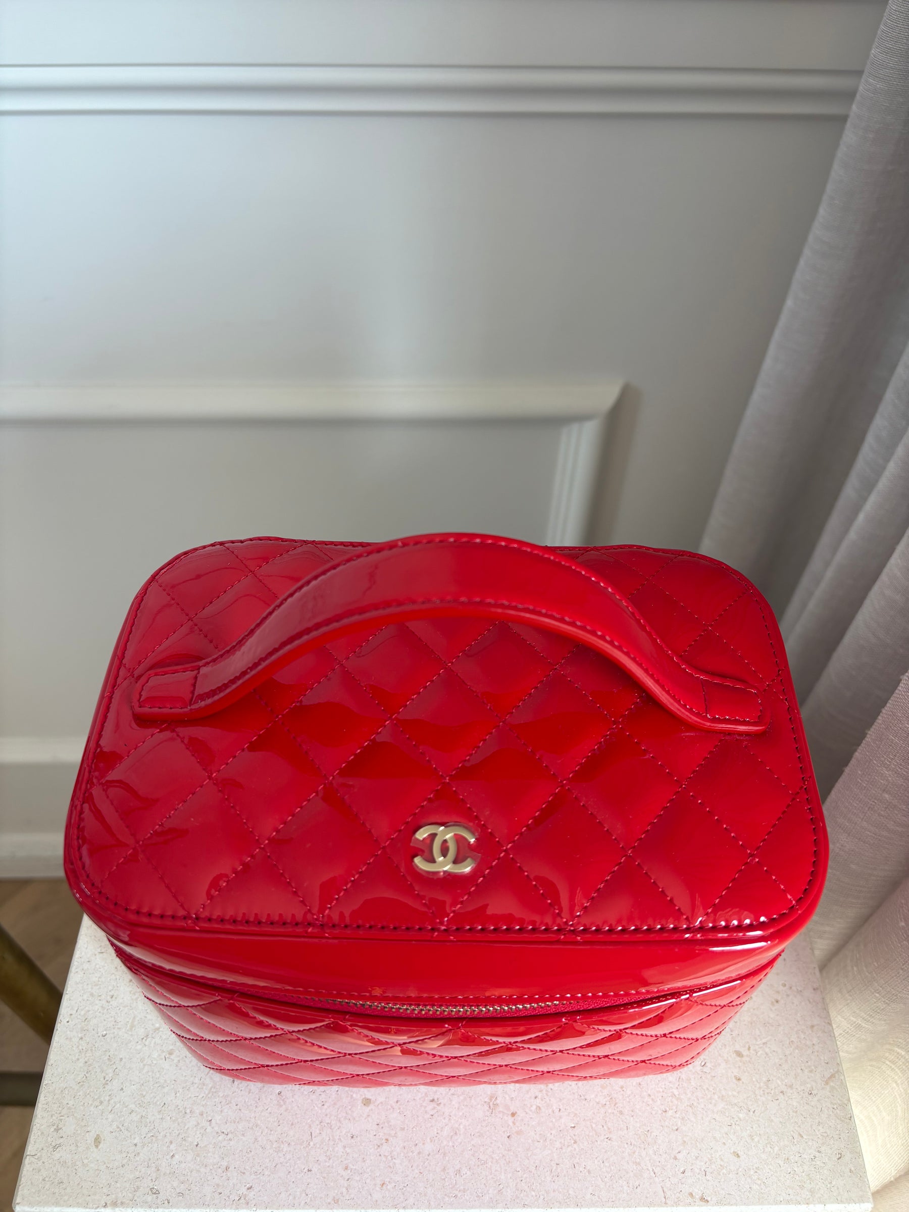 Chanel Red Patent Quilted Leather Vanity Case