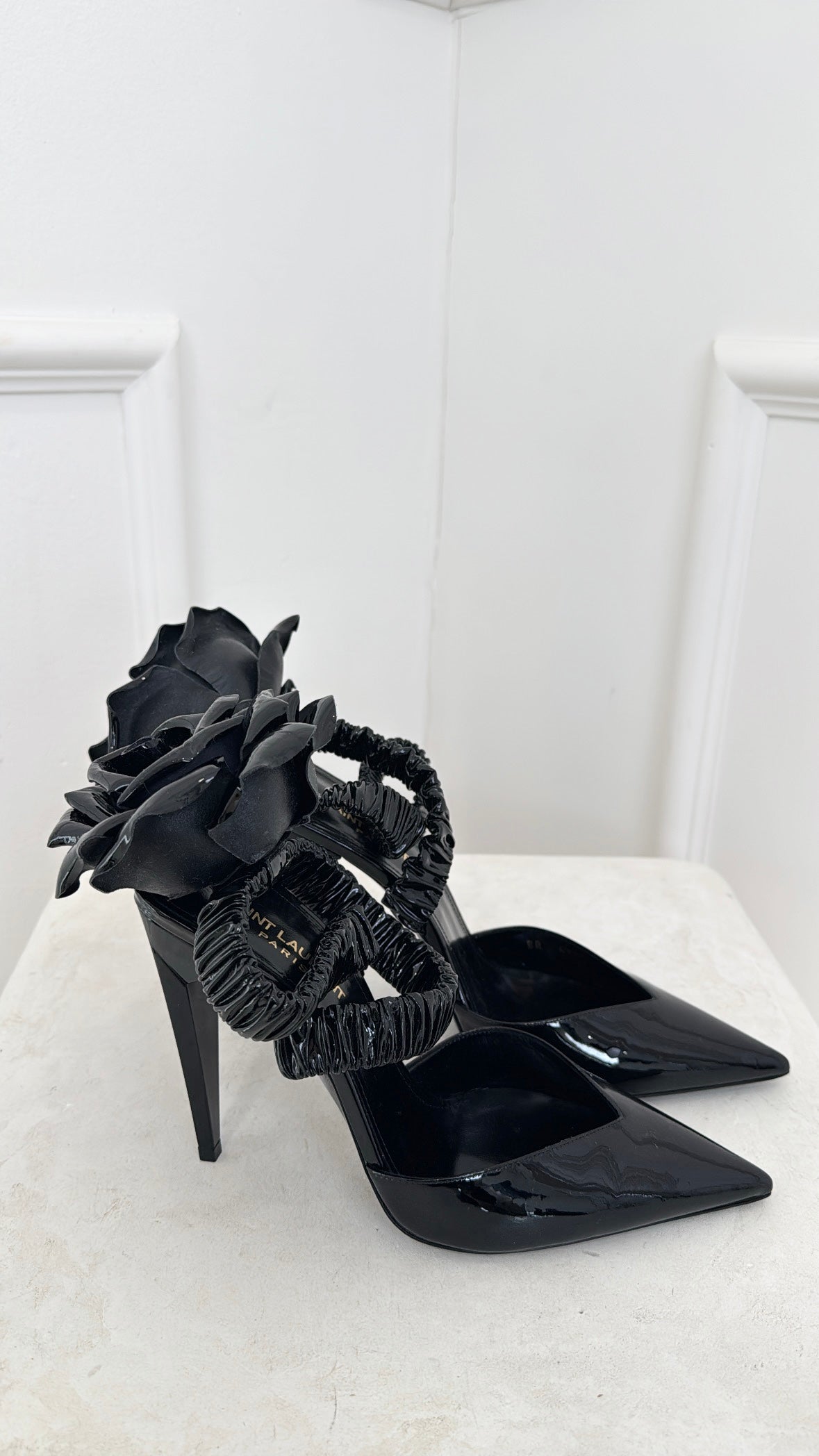 Saint Laurent Patent Slingback Pump With Rose In Black, 39.5