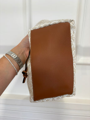 Loewe Beige and White Canvas Anagram Cubi Small Bag with Tan Leather