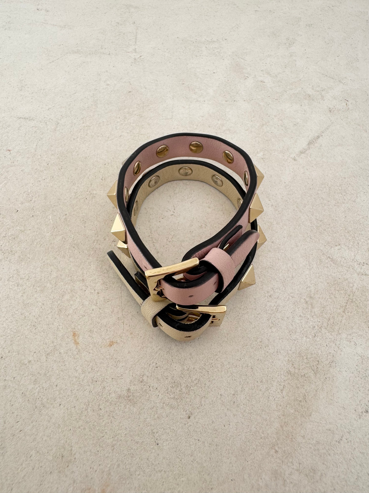 Valentino Pink and White Leather Rockstud Bracelet Set